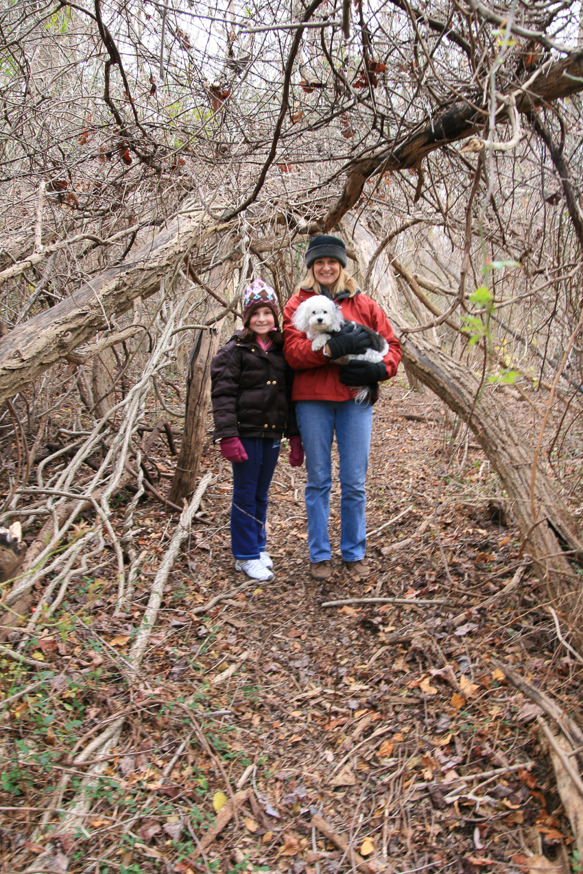 Thanksgiving hike in the woods next to our house  ~~  Mary and Gret and Kiki