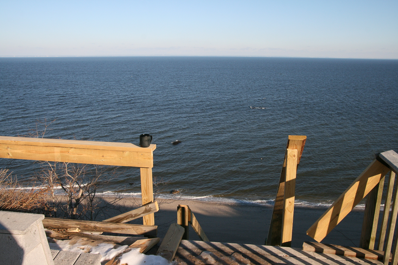 Sunday morning coffee on the cliff looking out at CT  ~~  170 calories from the house to the cliff, down to the beach over to the other stairs and back up and return to the house.