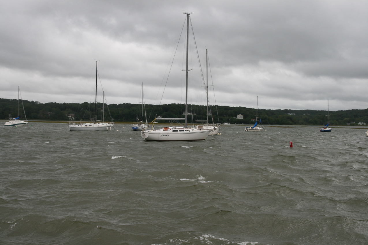 Akula still swinging as Irene's eye just passed 20 miles to the West  ~~  we were on the windy side, but downgraded to a TS, we were spared as she moved to cold water and started to die.