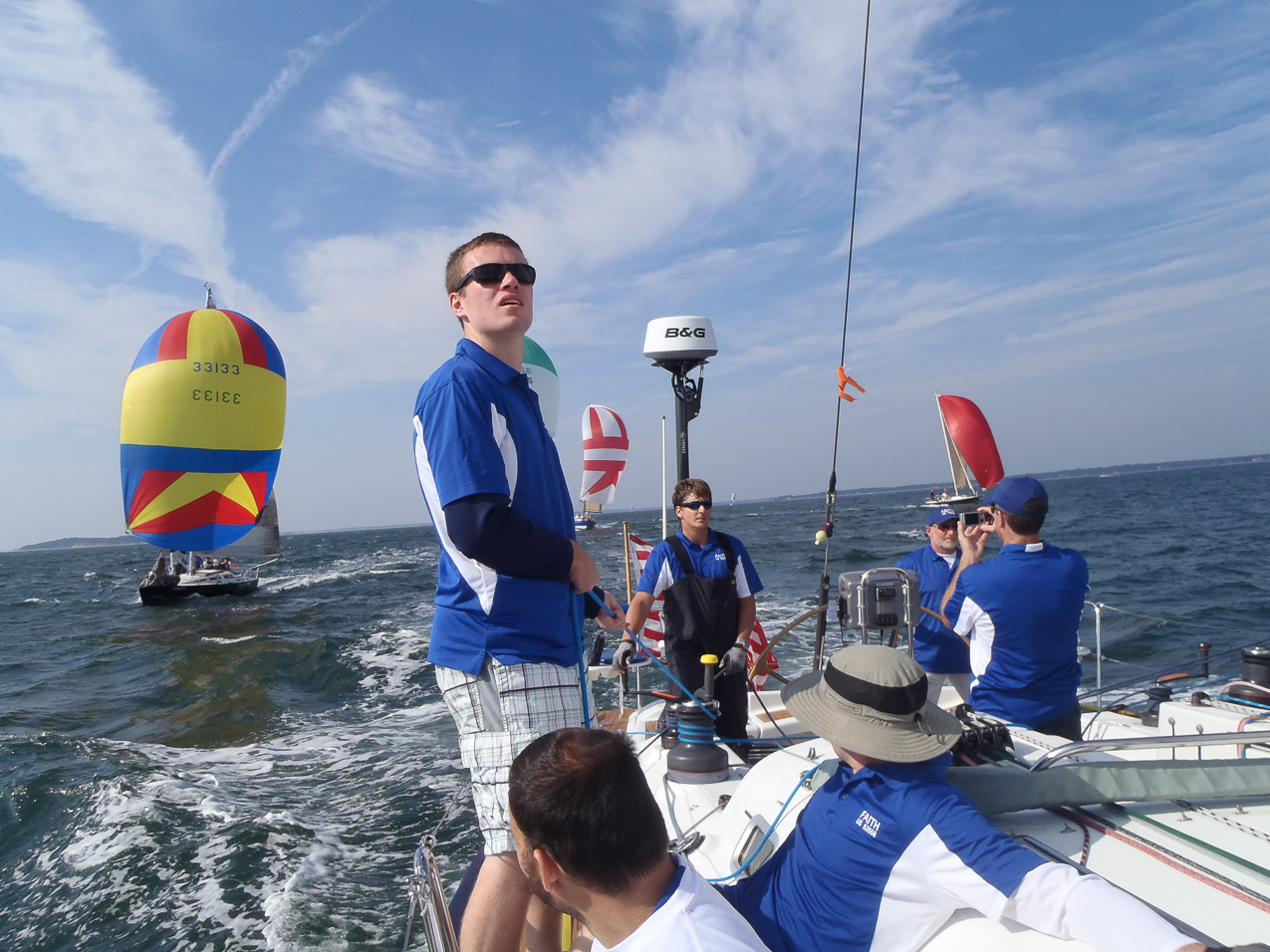 on s/v Faith, racing in the Whitebread around Shelter Island race  ~~  125+ boats and in tight quarters as well winds poppedup to 30 knots!!!!!!