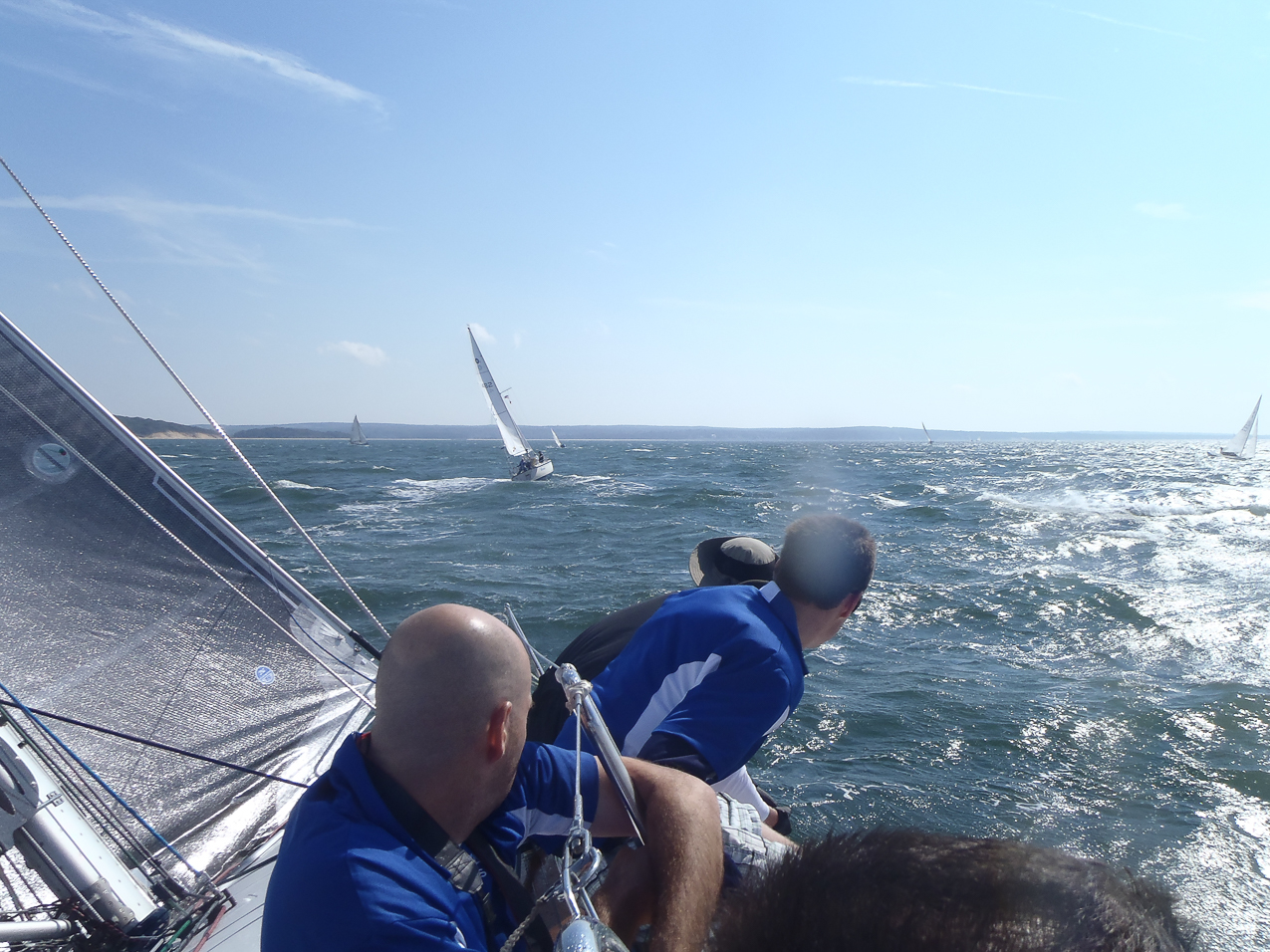 on s/v Faith, racing in the Whitebread around Shelter Island race  ~~  An MSSA boat Breezin up ahead.  Can tell y these shots but it was plenty 