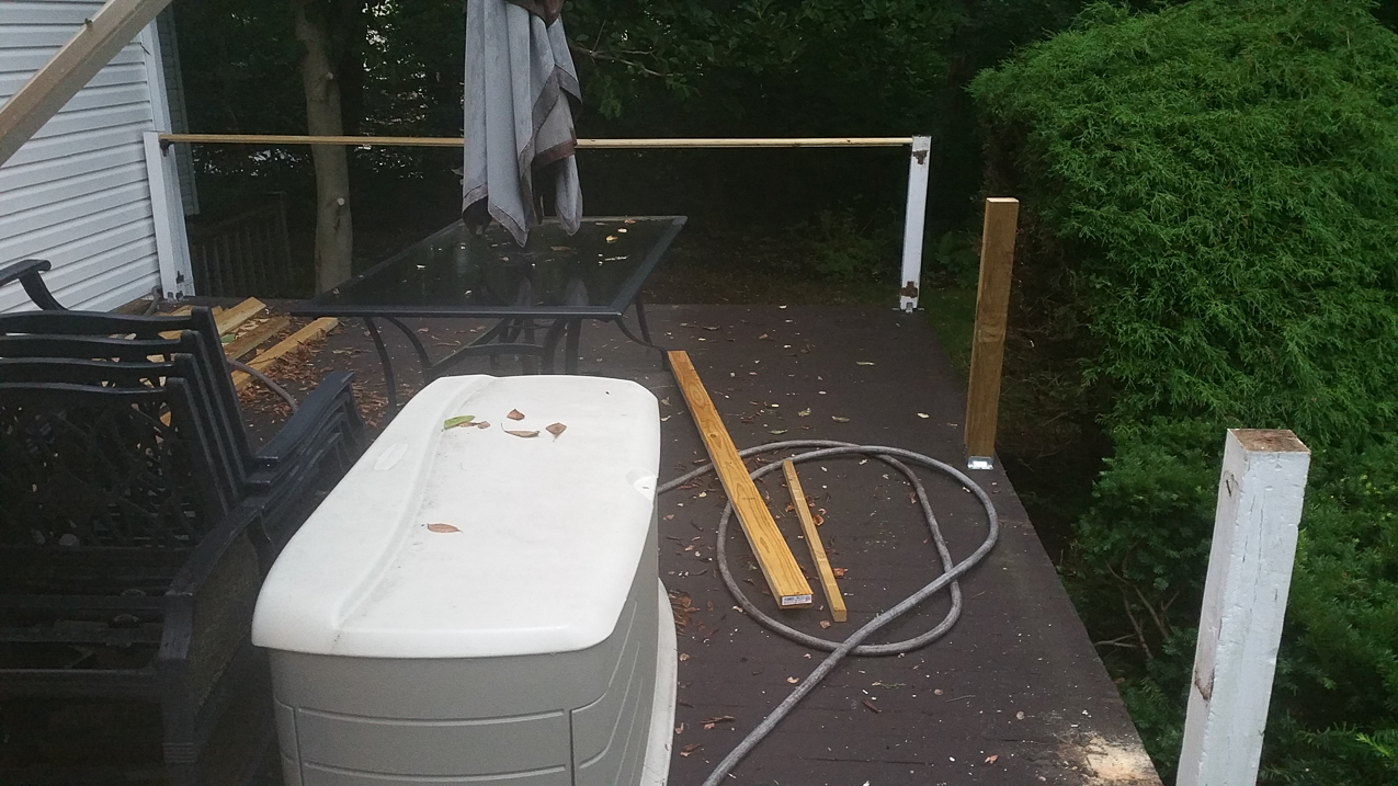 Deck project 2016 July  ~~  a few new posts and some new railings.  not looking forward to cutting and screwing in 150 spindles.