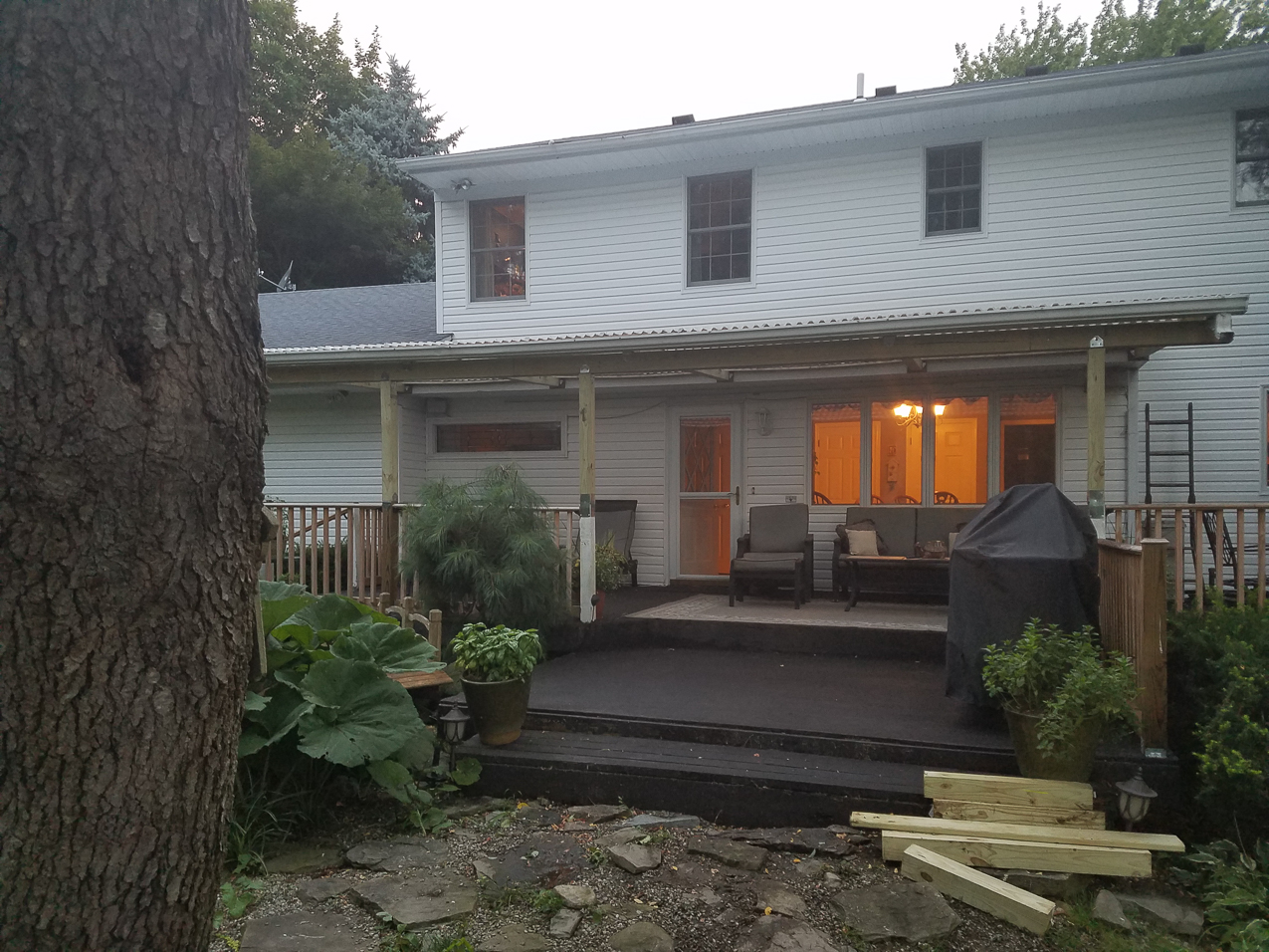 July Project 2017  ~~  New Japanese look pergola.  6.15% grade on a 5% min.  Hope the snow slides off????