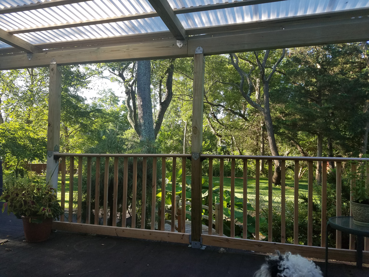 July Project 2017  ~~  New Japanese look pergola.  6.15% grade on a 5% min.  Hope the snow slides off????