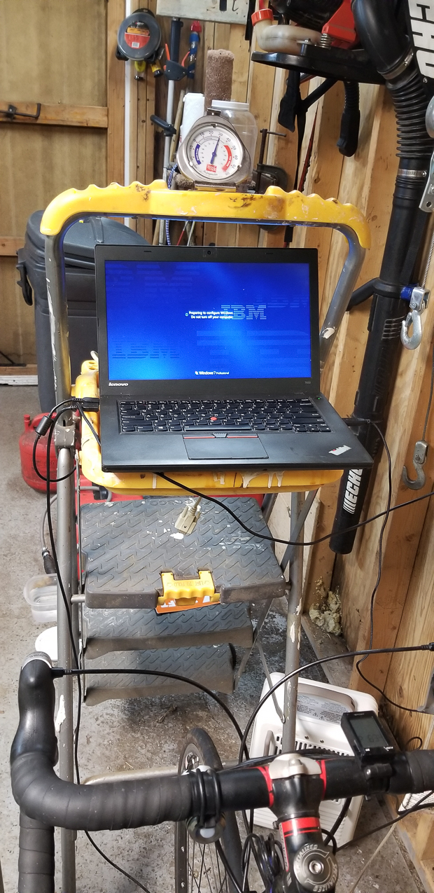 My bike in the barn with Zwift setup  ~~  30 degrees needed to turn on the heat