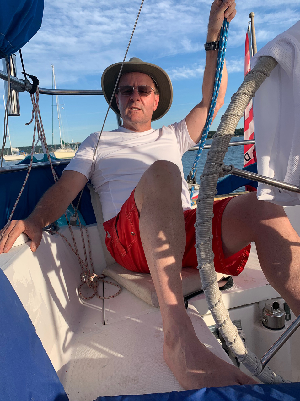 Capt. Thomas Lynch at 60 on Akula in Port Jefferson Harbor  ~~  Out with MSSA Friends and even Power Boaters!!!!