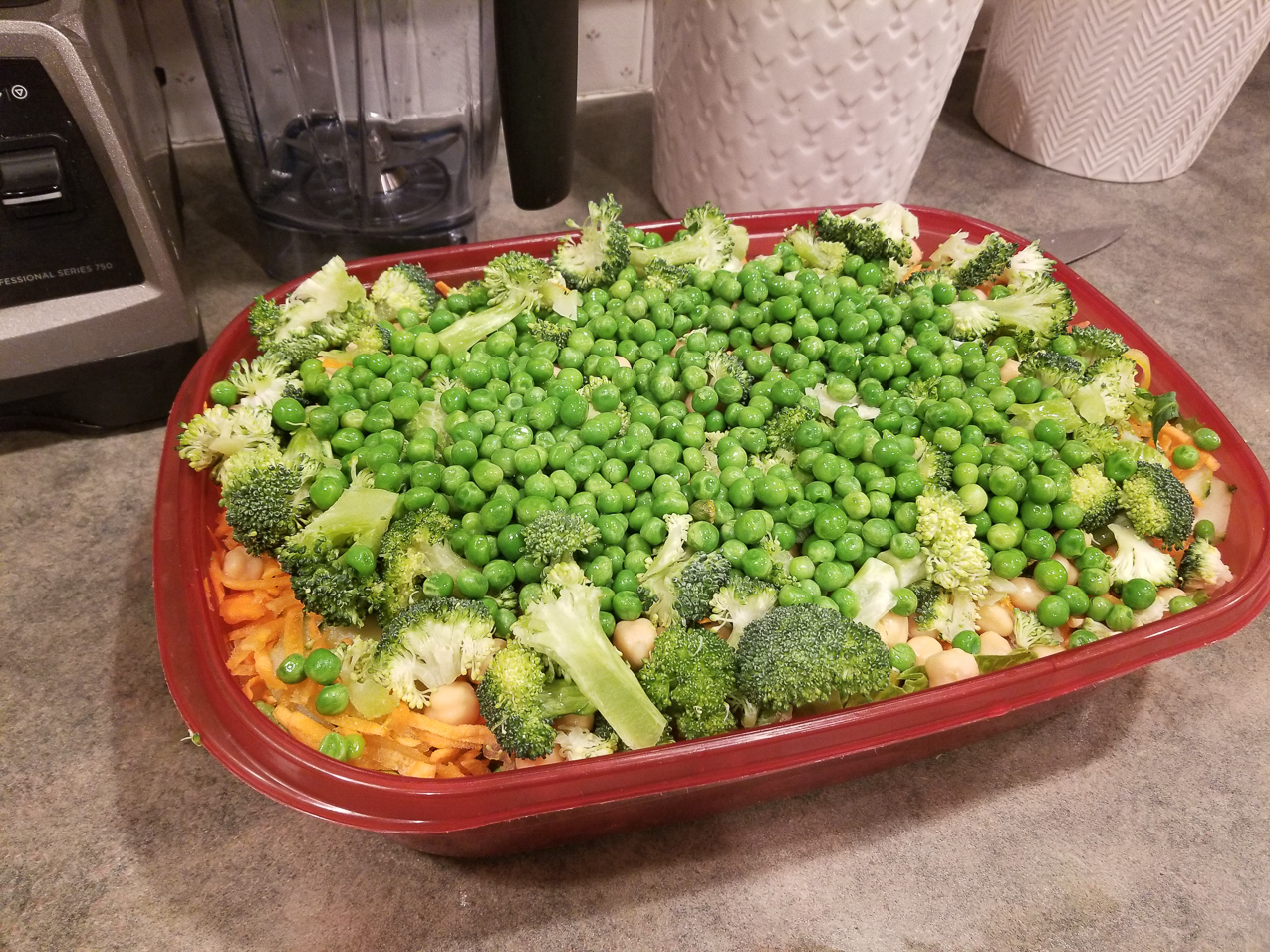 Great Great Mega Salad  ~~  Garbanzo, Peas, Spinach, Broccolli, carrots, onions, peppers, celery, etc etc. etc