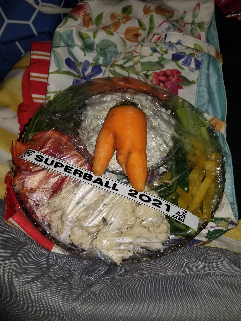 Super Bowl Veggie Dish  ~~  Got an interesting Carrot Man in the Farm Share.
