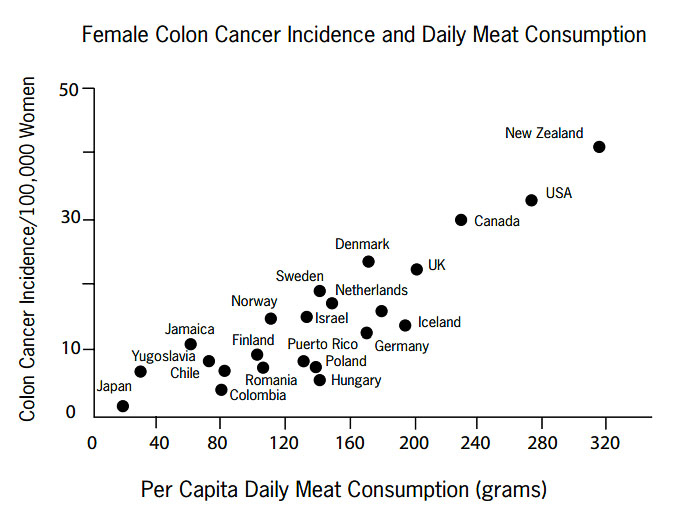 Women 2006 Colorectal Cancer Study by Country by meat consumption  ~~  