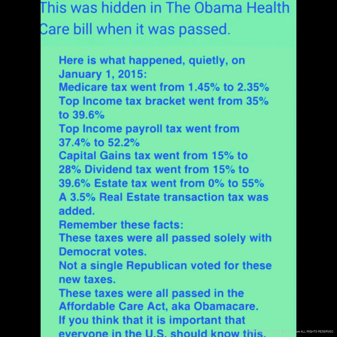 Obamacare and democrat tax increases NO replublican votes