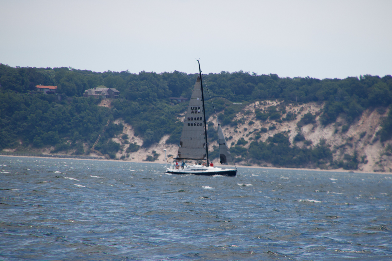 Kathryn coming back, sail change? reefed main.    ~~  MSSA Long Distance Race 2019 - 27 NM and  15 plus kts sustained and gusts over 23 kts.