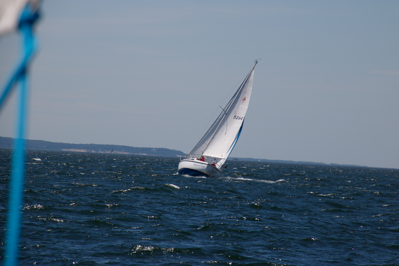 Akula catching on OC.  Pinching pinching on the gust with reefed genny and reefed main.  OVER 20 frequently.....keeping the boat flat @ 15 degrees  ~~  MSSA Long Distance Race 2019 - 27 NM and  15 plus kts sustained and gusts over 23 kts.